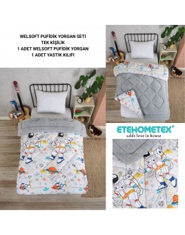 ETE HOMETEX TEK KİŞİLİK LÜX WELSOFT YORGAN SETİ ASTRONOT GRİ 155X215CM 8696474231857